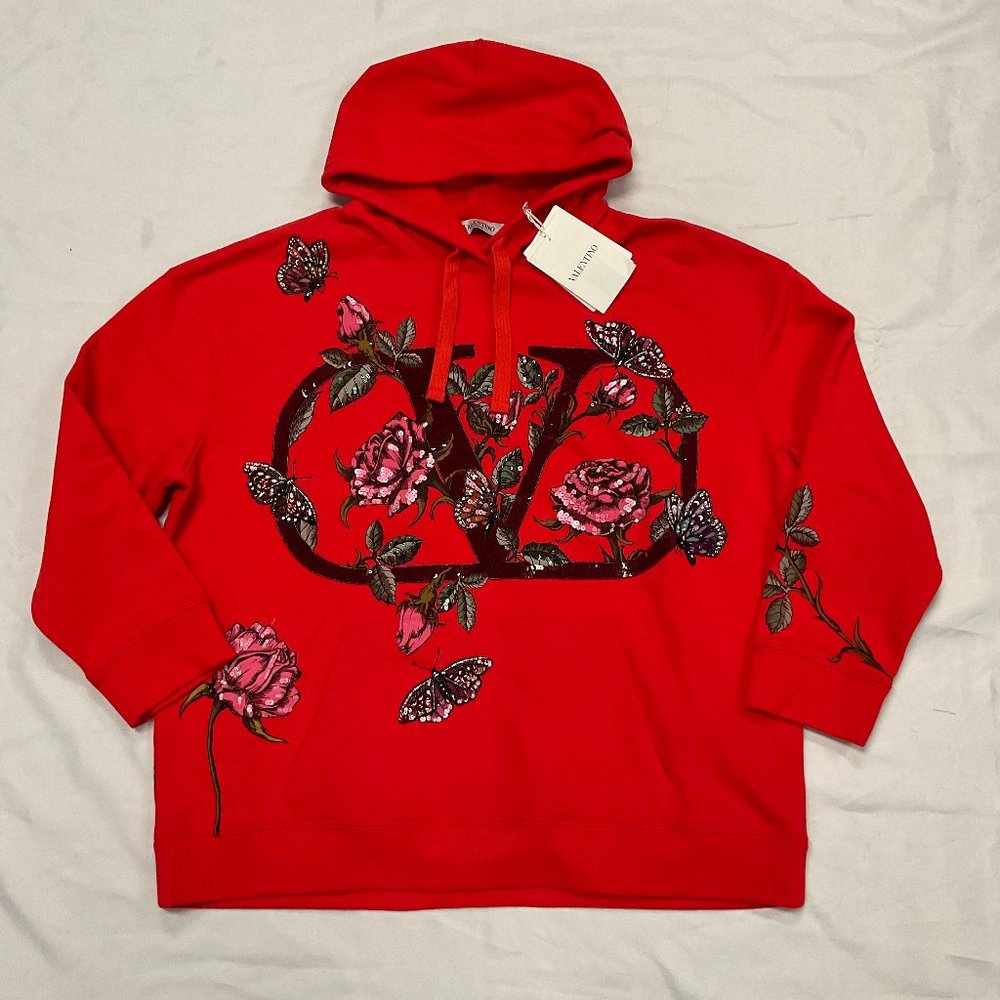 Valentino Floral Sequin-embellished Vlogo Hoodie Womens Size M Red NWT